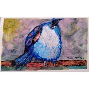Signed Chunky Bird Postcard Art Ate All The Worms Blue White Orange Fluffy